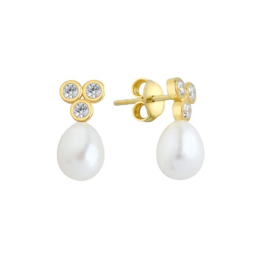 Gold Silver Women's Earrings with Tria Stone and Natural Drop Pearls - CNG Jewels