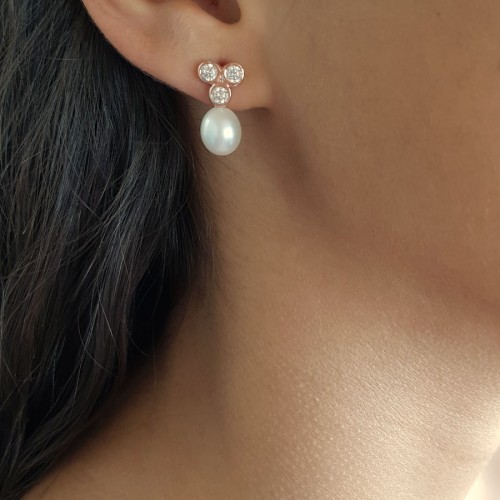 Tria Taşlı Doğal Damla İncili Gümüş Kadın Küpe - 2