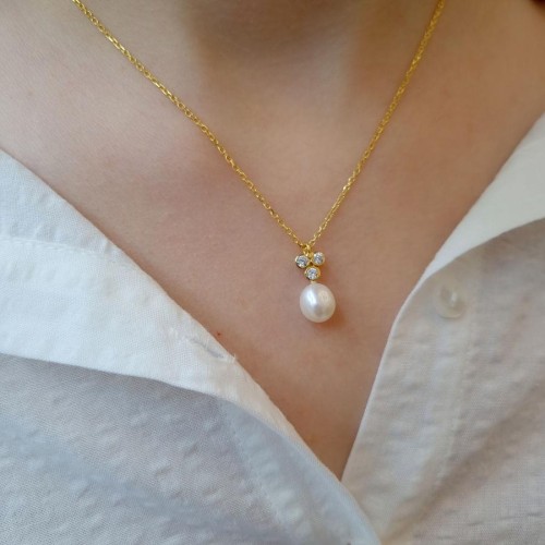 Tria Natural Drop Pearl Sterling Silver Necklace - Thumbnail
