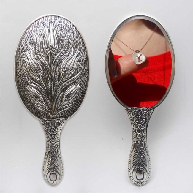 Tulip Patterned Silver Hand Mirror No. 2 - 2