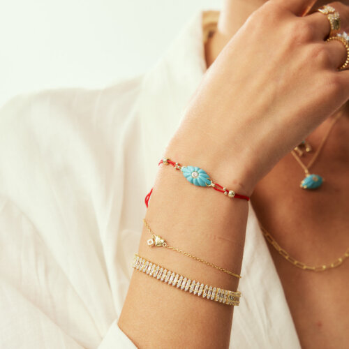 Turkuaz Göz Kırmızı İpli Asansör Gümüş Kadın Bileklik - CNG Jewels (1)