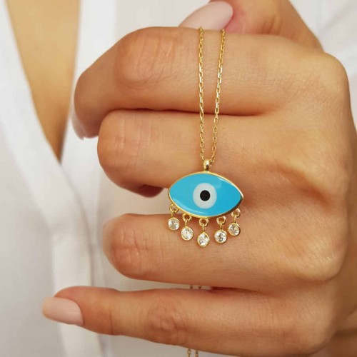 Turkuaz Mineli Nazar Göz Gümüş Kadın Kolye - 2