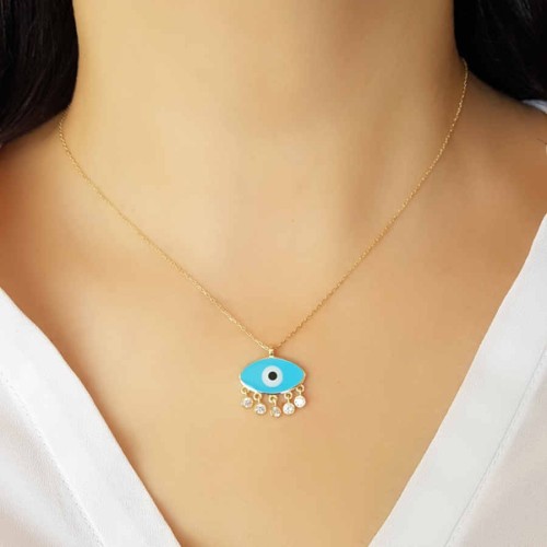 Turkuaz Mineli Nazar Göz Gümüş Kadın Kolye - 3