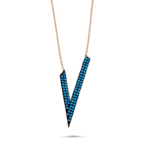 Turquoise Stone Asymmetric V Silver Women's Necklace - CNG Jewels