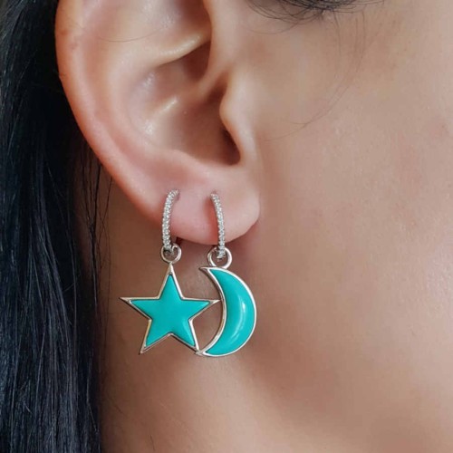 Turkuaz Taşlı Ay Yıldız Tasarım Gümüş Kadın Küpe - 1