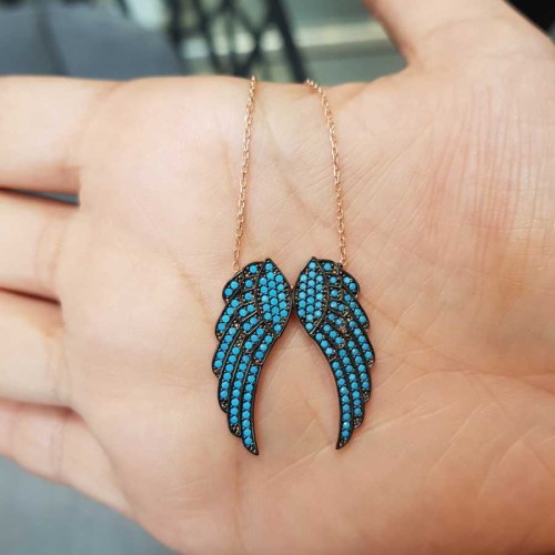 Turquoise Stone Flat Angel Wing Silver Women's Necklace - CNG Jewels