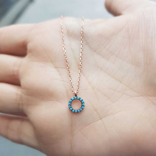 Turkuaz Taşlı Minik Halka Gümüş Kadın Kolye - 2