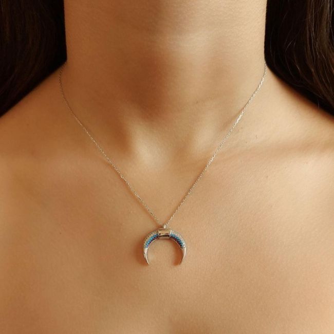 Turkuaz Taşlı Ters Hilal Gümüş Kadın Kolye - 1