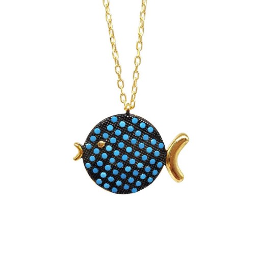 Turkuaz Taşlı Tombul Balık Gümüş Kadın Kolye - 1