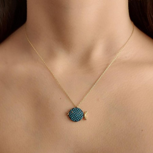 Turkuaz Taşlı Tombul Balık Gümüş Kadın Kolye - 2