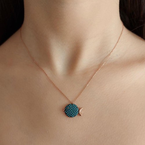 Turkuaz Taşlı Tombul Balık Rosegold Gümüş Kadın Kolye - 2