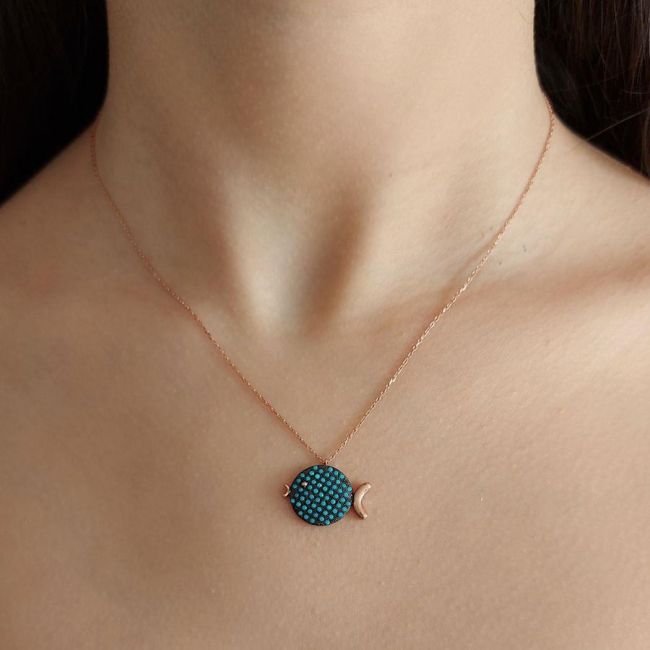 Turkuaz Taşlı Tombul Balık Rosegold Gümüş Kadın Kolye - 2