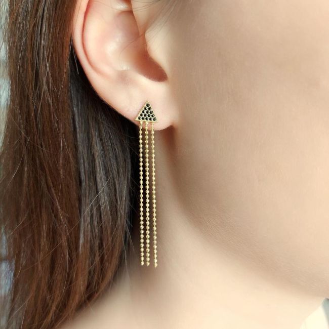 Üçgen Üç Sıra Top Zincirli Gold Gümüş Kadın Küpe - 1