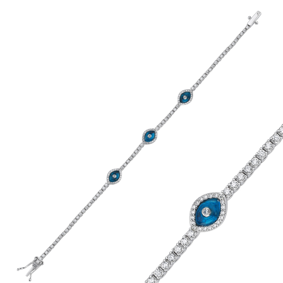 Triple Almond Glass Eye Silver Waterway Bracelet - CNG Jewels