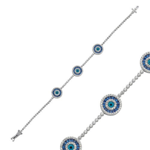 Triple Blue Baguette Evil Eye Beaded Silver Waterway Bracelet - CNG Jewels