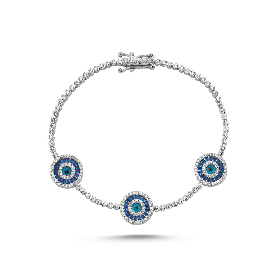 Triple Blue Baguette Evil Eye Beaded Silver Waterway Bracelet - CNG Jewels (1)