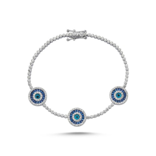 Triple Blue Baguette Evil Eye Beaded Silver Waterway Bracelet - CNG Jewels (1)