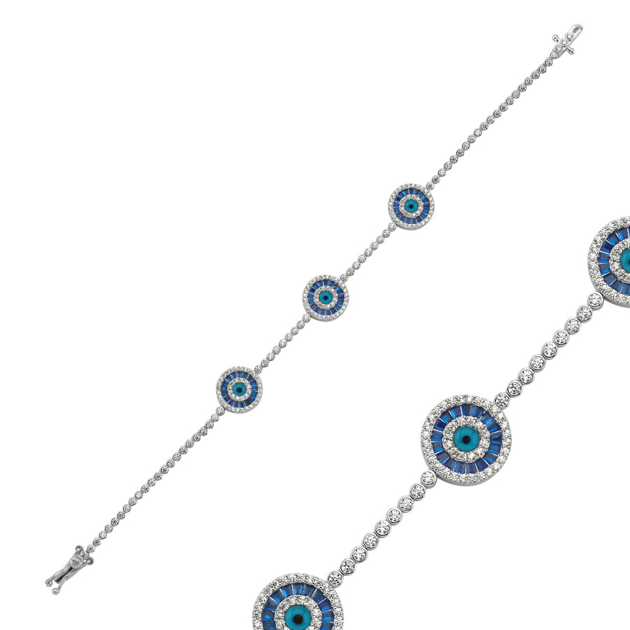 Üçlü Blue Baget Nazar Boncuklu Gümüş Su Yolu Bileklik - CNG Jewels