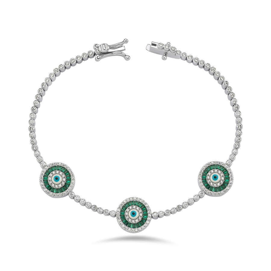 Triple Green Baguette White Evil Eye Bead Waterway Silver Bracelet - CNG Jewels (1)