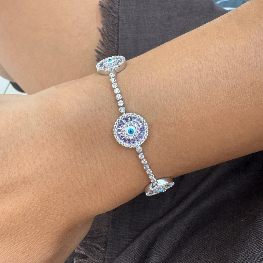 Triple Lilac Baguette White Evil Eye Bead Waterway Silver Bracelet - CNG Jewels (1)