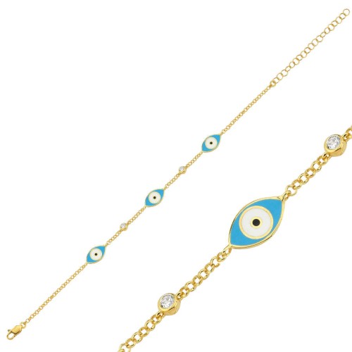 CNG Jewels - Üçlü Mavi Göz Gold Kadın Gümüş Bileklik