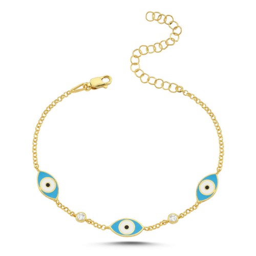 Üçlü Mavi Mine Nazar Boncuğu Gold Gümüş Bileklik - 3