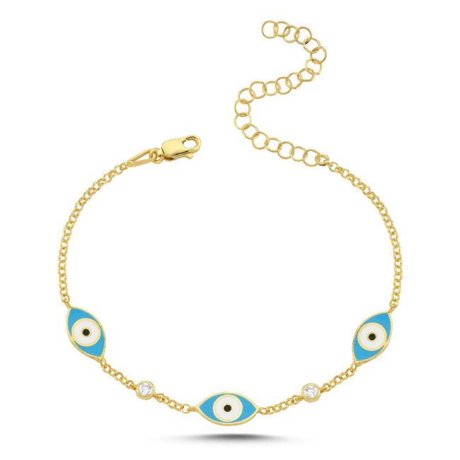 Üçlü Mavi Mine Nazar Boncuğu Gold Gümüş Bileklik - 3