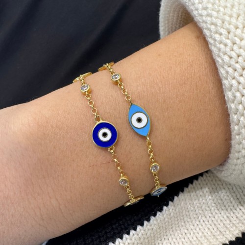 Üçlü Mavi Mine Nazar Boncuğu Gold Gümüş Bileklik - 2