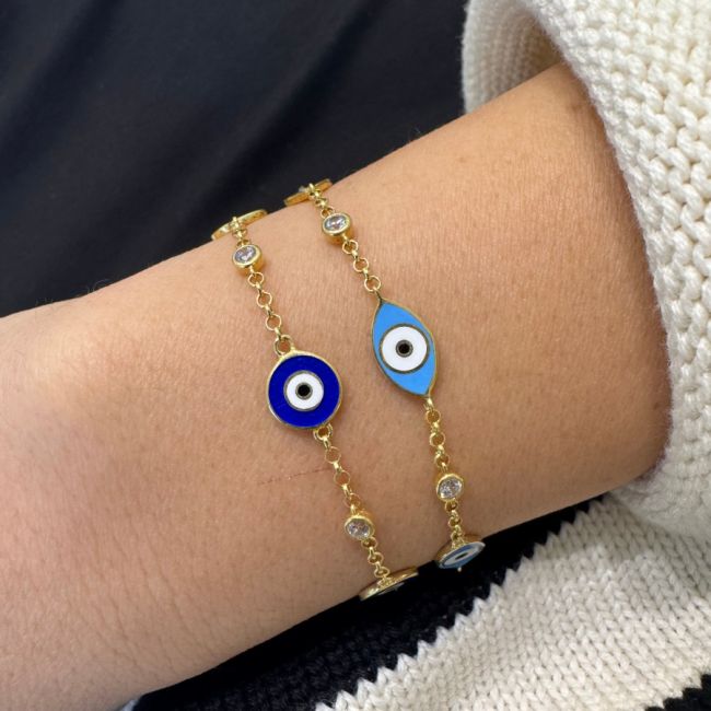 Üçlü Mavi Mine Nazar Boncuğu Gold Gümüş Bileklik - 2