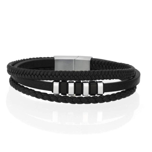 Üçlü Örgü Düz Derili Çelik Erkek Bilekliği - 1