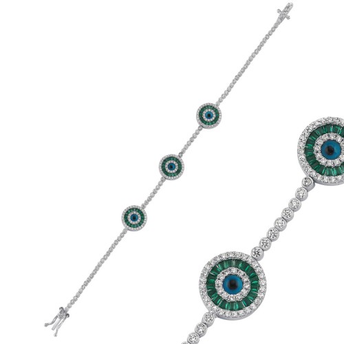 Triple Green Baguette Evil Eye Beaded Silver Waterway Bracelet - CNG Jewels
