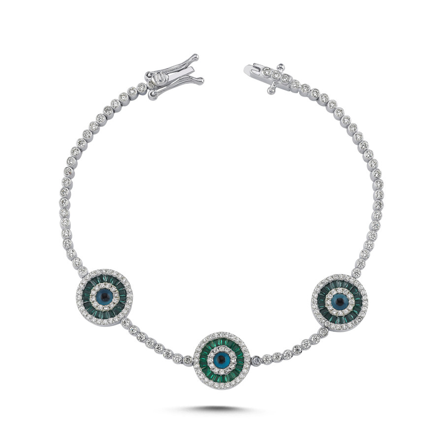 Triple Green Baguette Evil Eye Beaded Silver Waterway Bracelet - CNG Jewels (1)