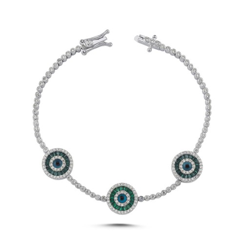 Triple Green Baguette Evil Eye Beaded Silver Waterway Bracelet - CNG Jewels (1)