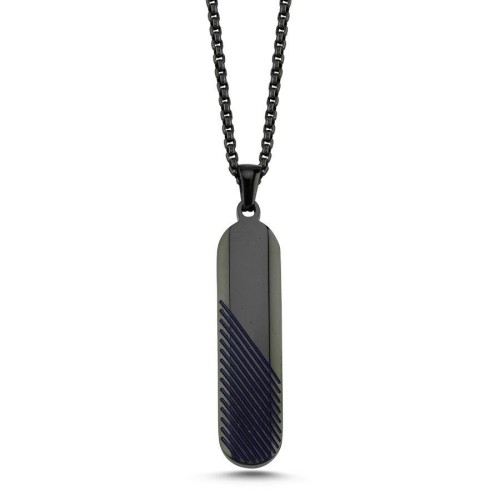 CNG Jewels - Uzun Oval Verev Çizgili Çubuk Siyah Çelik Erkek Kolye