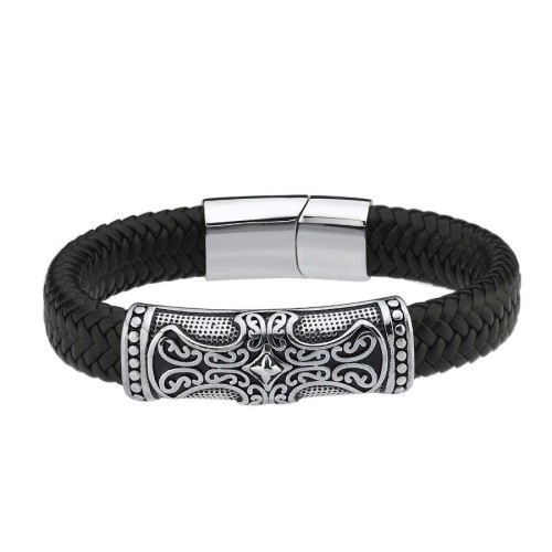 Viking Patterned Black Leather Steel Men's Bracelet - CNG Jewels