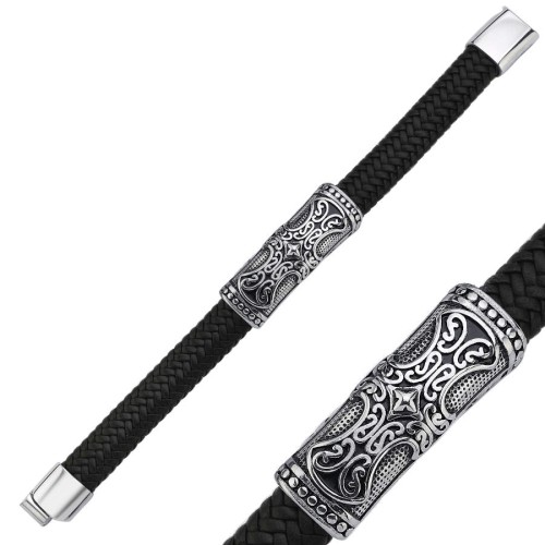 Viking Patterned Black Leather Steel Men's Bracelet - CNG Jewels (1)