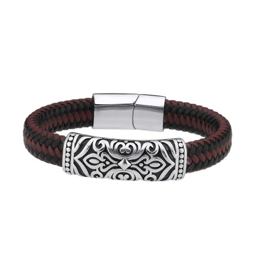 Vintage Patterned Coffee Black Leather Steel Men's Bracelet - CNG Jewels