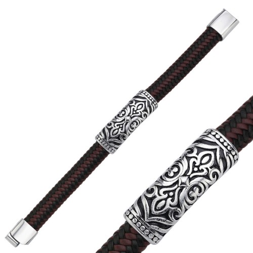 Vintage Patterned Coffee Black Leather Steel Men's Bracelet - CNG Jewels (1)
