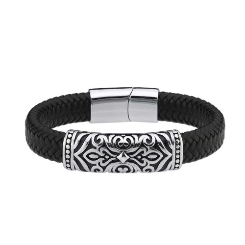 Vintage Patterned Black Leather Steel Men's Bracelet - CNG Jewels