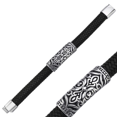 Vintage Patterned Black Leather Steel Men's Bracelet - CNG Jewels (1)