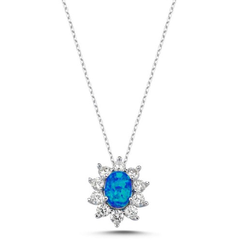 Vintage Oval Blue Opal Anturage Women's Silver Necklace - CNG Jewels