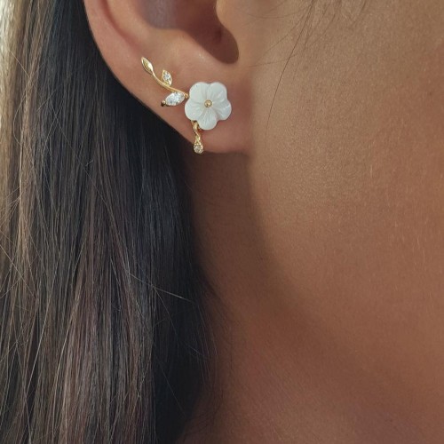 CNG Jewels - Yan Beyaz Çiçekli Gold Gümüş Bayan Küpe