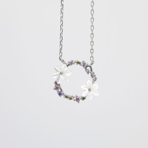 Beyaz Sedef Çiçekli Renkli Taşlı Gümüş Bayan Kolye - Thumbnail