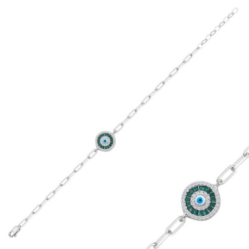 Green Baguette Evil Eye Beaded Silver Women's Bracelet - CNG Jewels