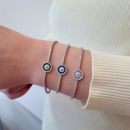 Green Baguette Evil Eye Beaded Silver Waterway Bracelet - CNG Jewels (1)