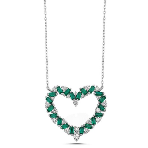 CNG Jewels - Yeşil Baget Taşlı Tasarım Kalp Gümüş Kadın Kolye