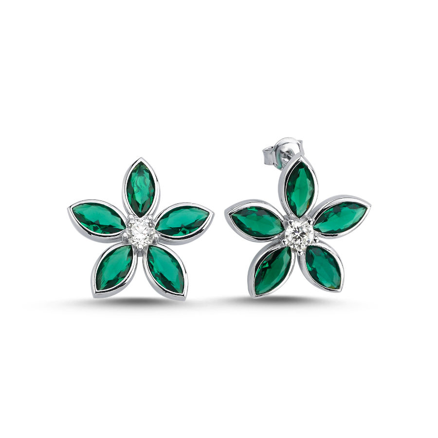 Yeşil Fiore Çiçek Gümüş Kadın Küpe - CNG Jewels