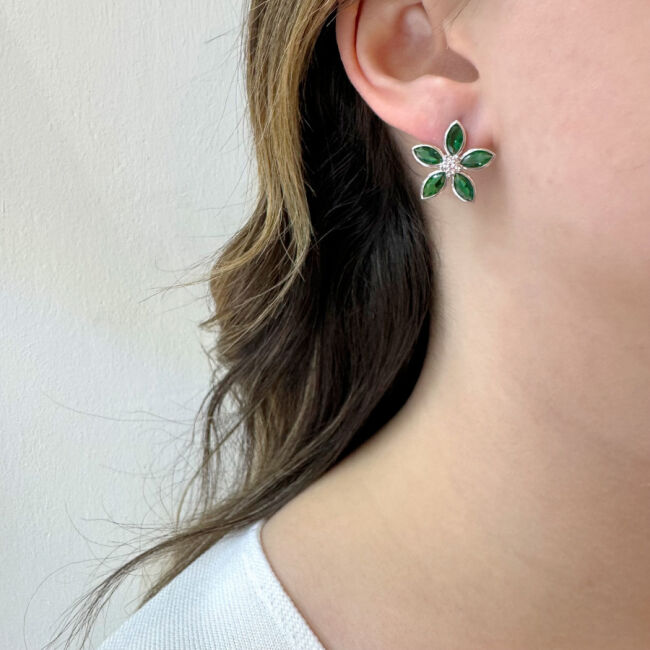 Yeşil Fiore Çiçek Gümüş Kadın Küpe - 2
