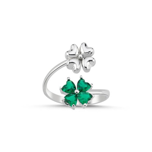 Yeşil İkili Dört Yaprak Yonca Gümüş Kadın Yüzük - Thumbnail