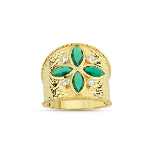 Yeşil Markizli Tasarım Gold Kadın Gümüş Yüzük - Thumbnail
